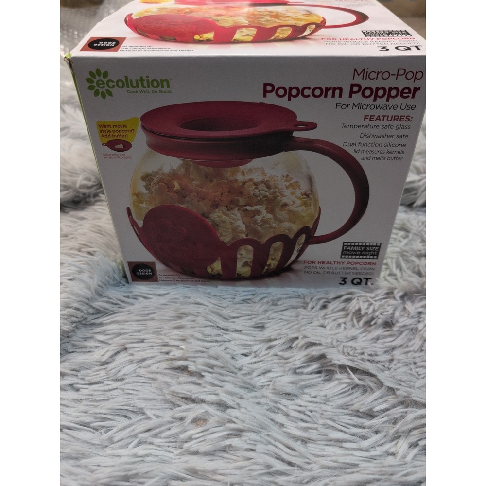 Ecolution Micro-Pop Microwave Popcorn Popper 3 QT Red Glass Silicone EKPRE-4230